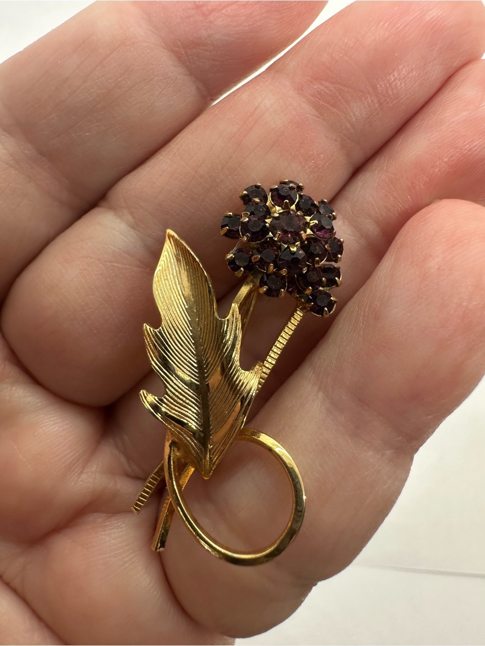 Gold-Tone Floral Leaf Brooch with Deep Purple Stones - Women Jewelry